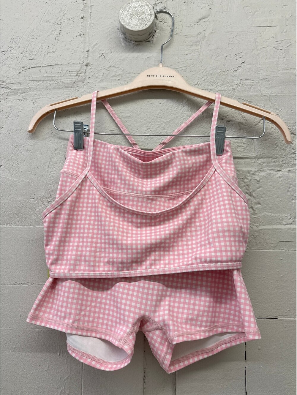 Aralina x Shein Pink & White Checkered Two-Piece Activewear Set crop top shorts